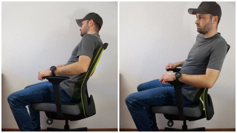 Person sitzt auf dem Interstuhl Every Active und zeigt die flexible Rückenlehne (lehnt und dreht sich nach rechts und links)