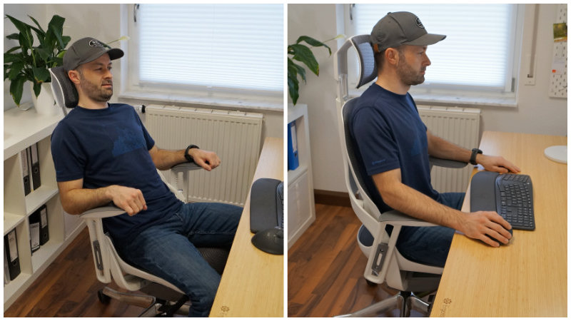 Person sitzt auf Bürostuhl hjh OFFICE SPEKTRE: links entspannt zurückgelehnt, rechts ergonomisch am Schreibtisch