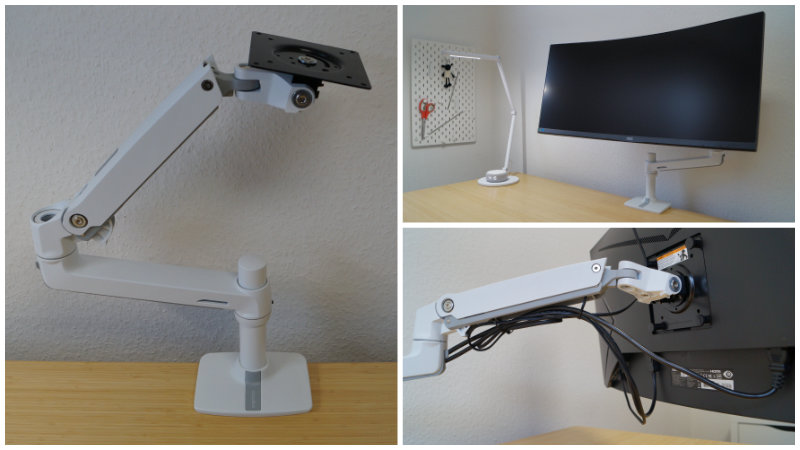 Collage aus 3 Bildern: links ist der Ergotron LX Monitor-Arm ohne Display, rechts mit zu sehen.
