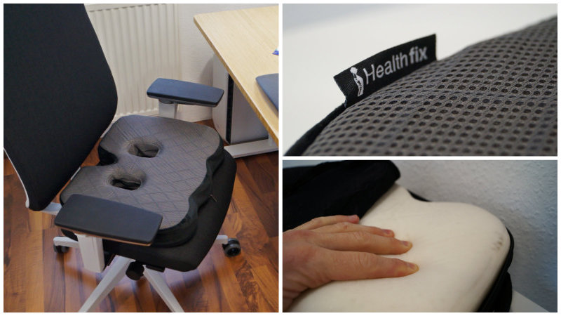 Collage mit 3 Bildern – Healthfix® orthopädisches Sitzkissen