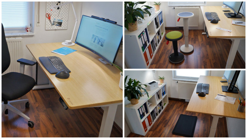Ergonomischer Schreibtisch – Collage mit 3 verschiedenen Arbeitspositionen