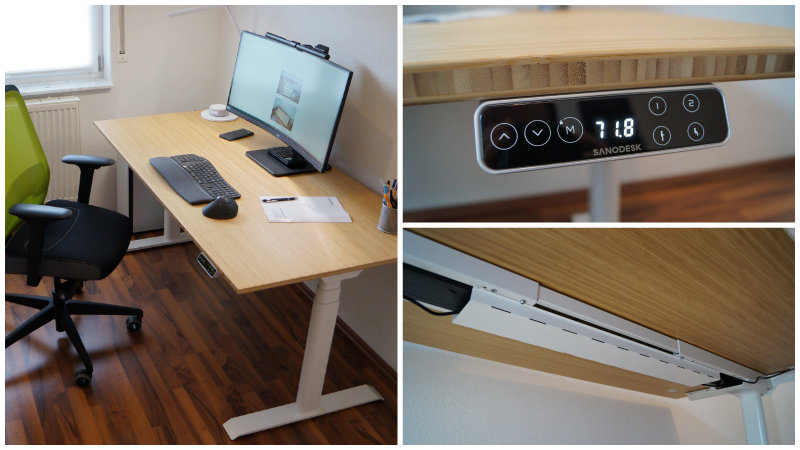 Ergonomischer Schreibtisch FlexiSpot E8 – Collage mit 3 Bildern (Details)