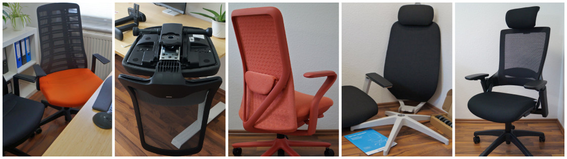 Ergonomischer Bürostuhl – Header mit 5 Bildern unterschiedlicher Bürostühle