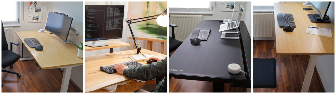 Ergonomischer Schreibtisch – Header, 4 Bilder unterschiedlicher Bürotische