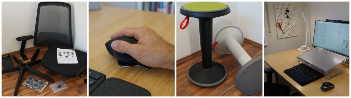 Testbericht Header mit vier Bilder – ergonomische Produkte für den Büroarbeitsplatz im Test