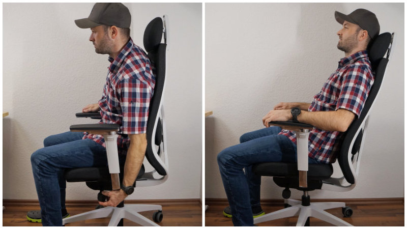 Person passt die Synchronmechanik des Bürostuhls auf das Körpergewicht an und lehnt sich zurück