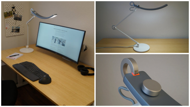 Collage mit drei Bildern und Details der BenQ WiT e-Reading Schreibtischlampe