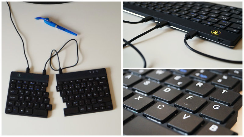 R-Go Split Tastatur – Collage mit 3 Detail-Aufnahmen