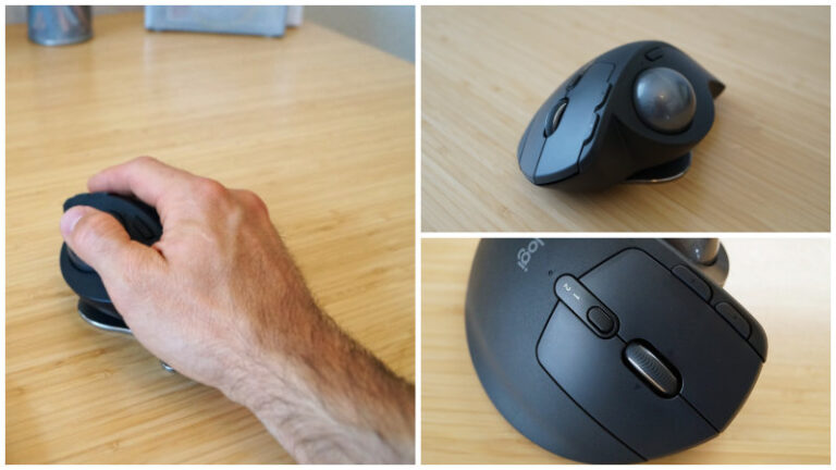 Logitech MX ERGO – 3 Details der Trackball Maus: mit Maushand, Blick auf den Trackball, Nahaufnahme der Maustasten