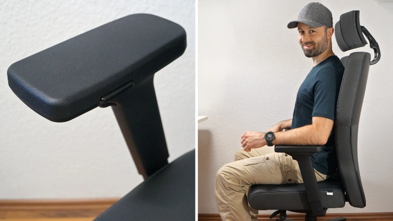 2 Bilder der T-Armlehnen des Interstuhl XXL: Detailbild von schräg oben, Person sitzt auf dem Stuhl und demonstriert Nutzen der Armlehnen