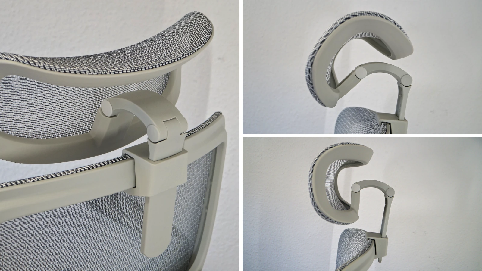3 Bilder zeigen die 3D-Kopfstütze in unterschiedlichen Blickwinkeln und Einstellungen – Sihoo B300 Pro