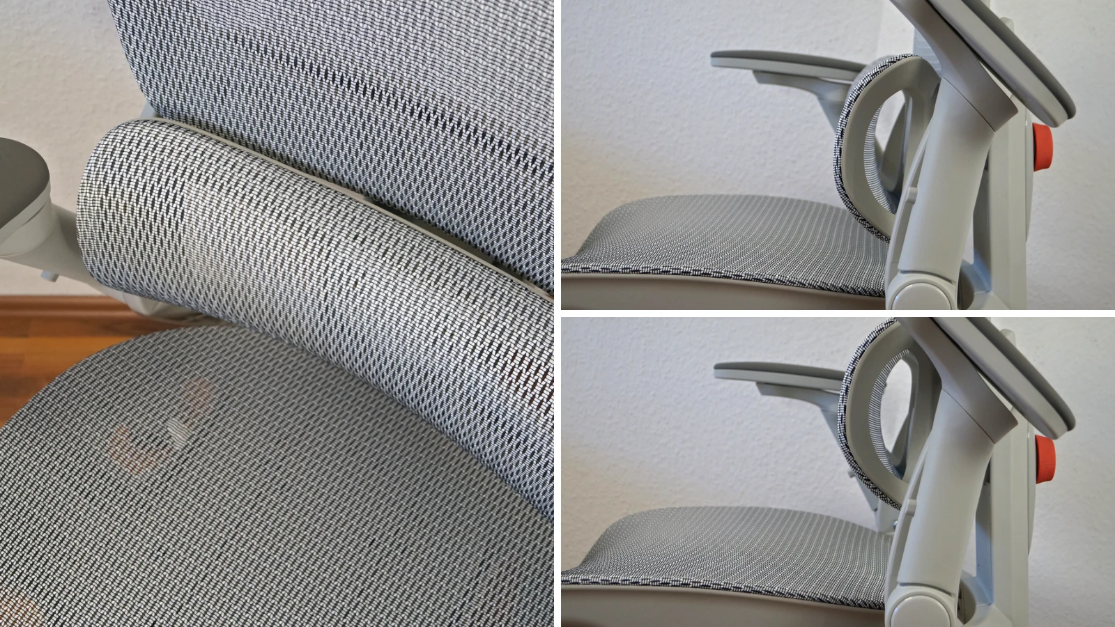 Zwei verschiedene Blickwinkel auf die 4D MicroFit Lendenstütze, rechts in der obersten und untersten Position – Sihoo B300 Pro