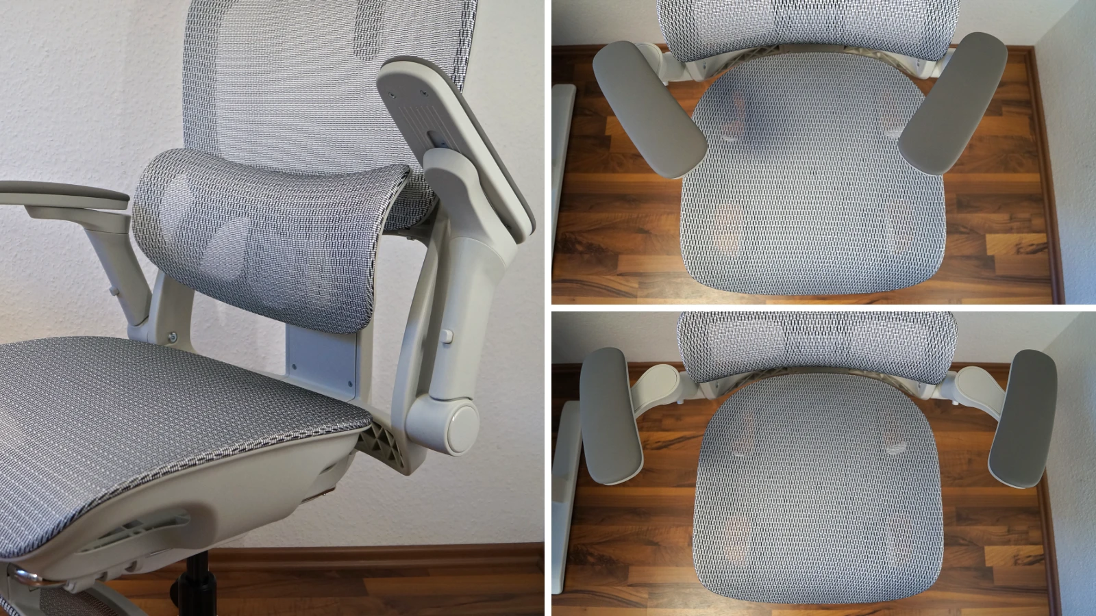 3 Bilder zeigen unterschiedliche Einstellungen der 6D-Rundum-Armlehnen – Sihoo B300 Pro