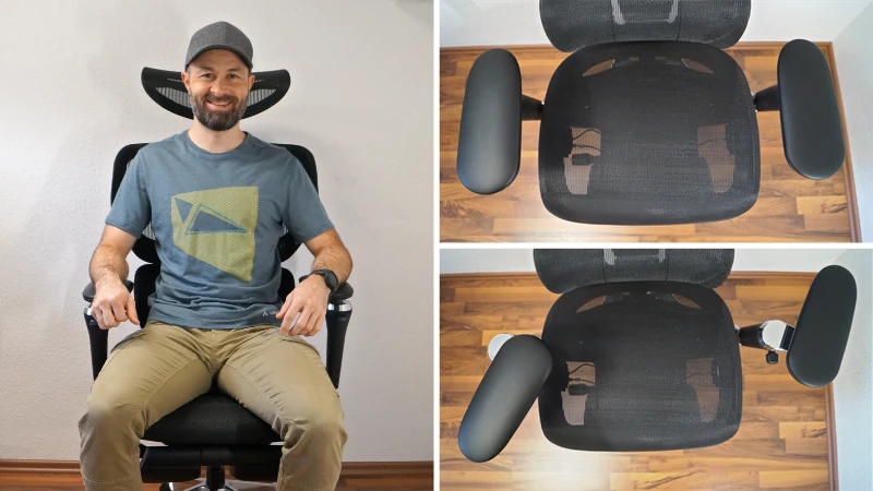 3 Bilder zeigen die Armlehnen des FlexiSpot C7 Morpher in verschiedenen Positionen