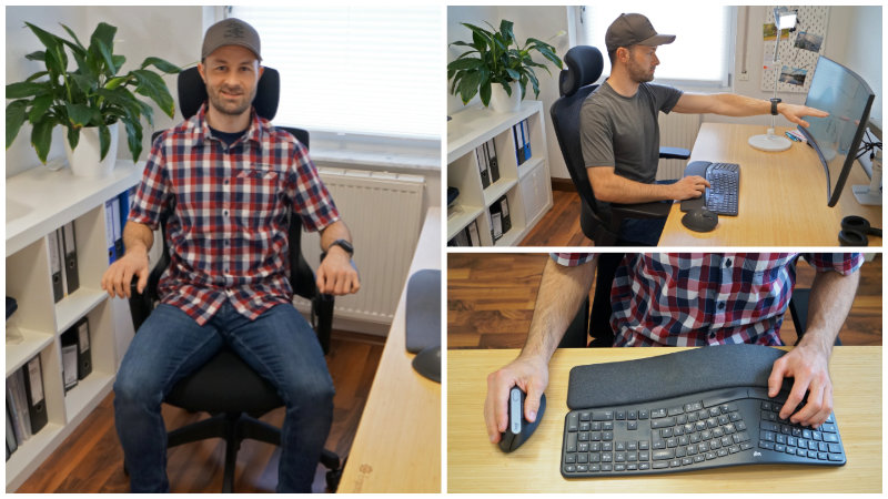 Bildschirmarbeitsplatz ergonomisch einrichten und einstellen - 3 Bilder mit Person am Schreibtisch