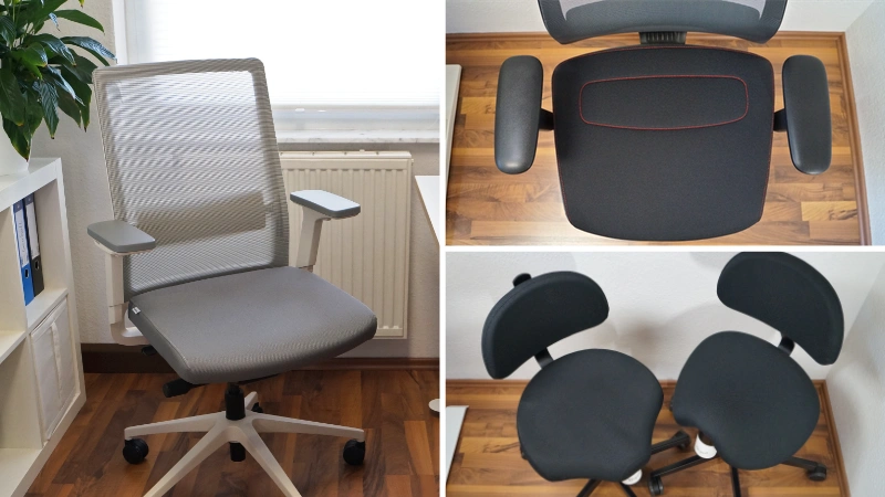 Bürostuhl für Frauen – Collage: schlichter Frauenstuhl, anatomisch geformter Sitz, zwei Spezialsitze