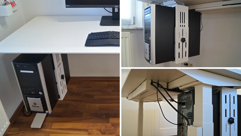 3 Bilder zeigen den FlexiSpot E7 Flow mit montierter Computerhalterung CH1