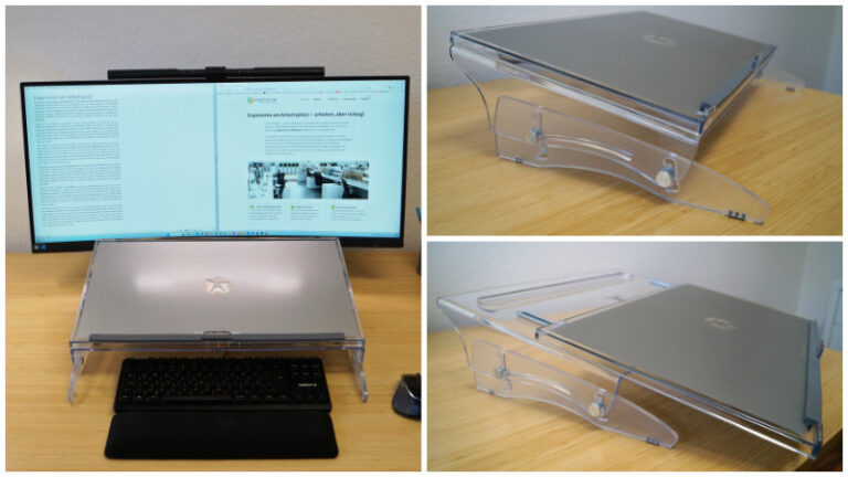 3 Details – 1. FlexDesk 640 Dokumentenhalter zwischen Tastatur und Monitor, 2. Blick von der Seite auf den FlexDesk 640, 3. ausgezogene Arbeitsfläche