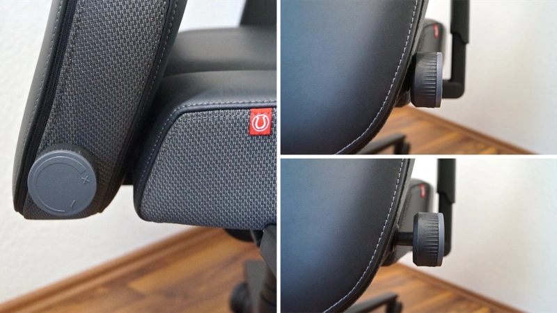 Blick auf den Drehknopf für die Einstellung der Lordosenstütze – Interstuhl XXL