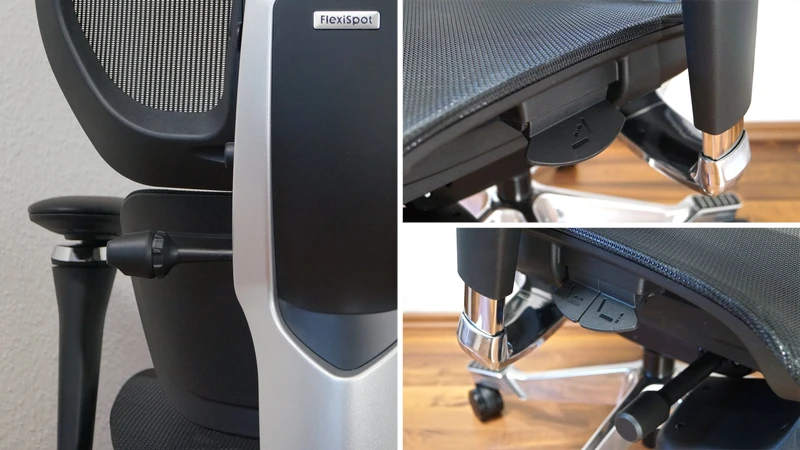 Detailbilder der Einstellungen, Hebel und Drehknöpfe des FlexiSpot C7 Morpher