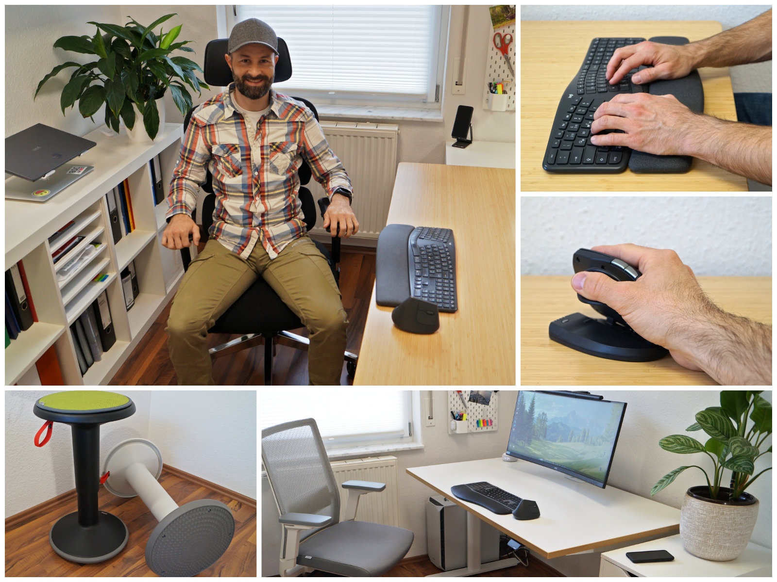 Beispiele für ergonomische Arbeitsplatzgestaltung mit Bürostuhl, Schreibtisch, Tastatur, Maus und alternative Sitzmöbel wie Bürohocker.