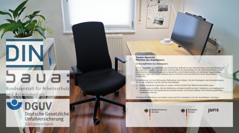 Ergonomie Grundregeln – Schreibtischarbeitsplatz mit Logos von DIN, baua, DGUV sowie einem Ausschnitt Aus dem ArbSchG