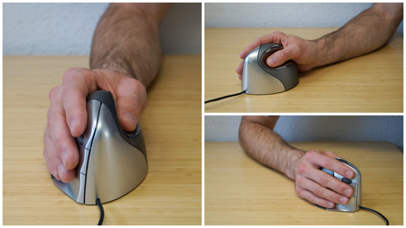 Ergonomische Maus – 3 Bilder zeigen die anatomische Oberfläche, wodurch die Hand voll aufliegen kann