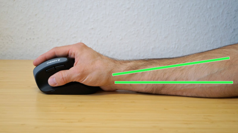 Ergonomische Maus – geringe Spannungen im Arm, gekennzeichnet mit zwei grünen Strichen