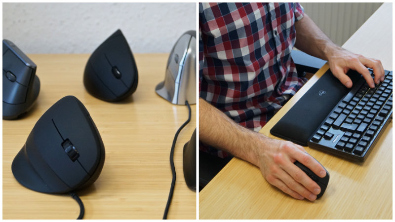 Ergonomische Mäuse im Test – 2 Bilder, links verschiedene Maus-Modelle, rechts Person mit vertikaler, ergonomischer Maus