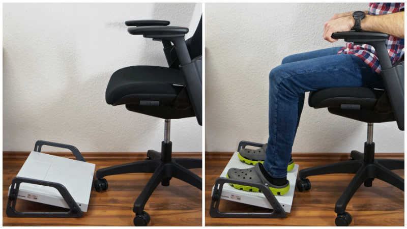 Ergonomische Sitzhaltung – Wedo Relax Fußstütze vor einem Bürostuhl und dasselbe Bild nochmal mit einer sitzenden Person