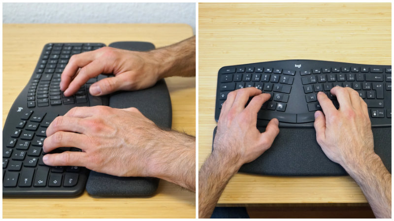 Geteilte Tastatur mit festem Winkel – zwei Bilder mit Blick von der Seite und von oben