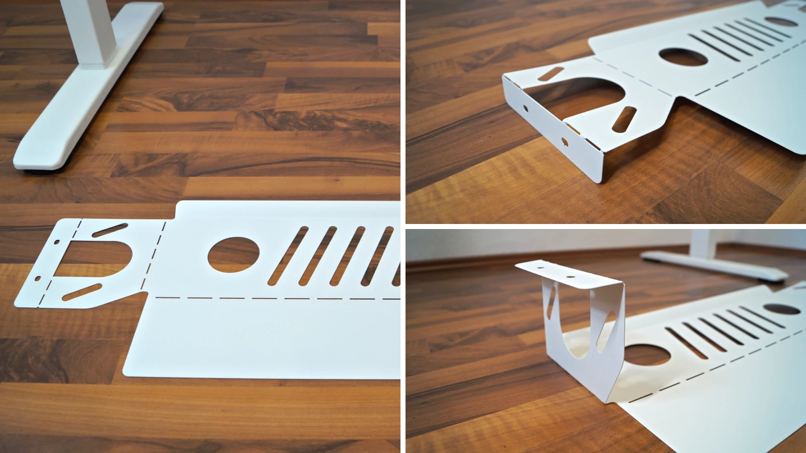 3 Bilder zeigen das Aufbiegen der Seiten der Kabelbox für den CLOUVOU ProDesk