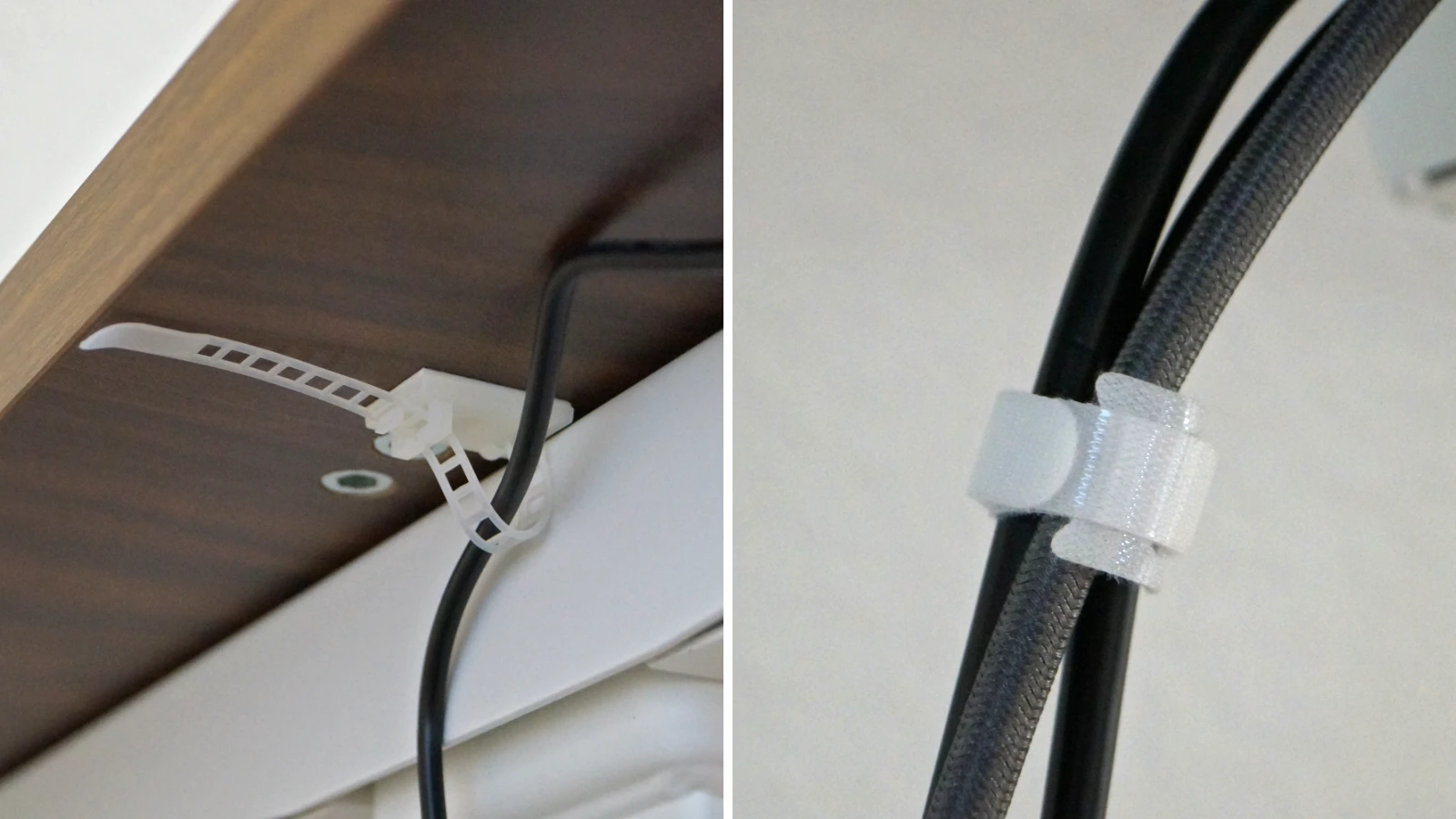 Linkes Bild: Kabelclips, rechtes Bild: Kabelklettbinder – CLOUVOU ProDesk