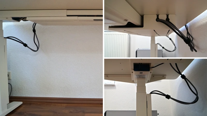 Aufgeräumtes Kabelmanagement, Blick unter den Schreibtisch FlexiSpot E7 Flow