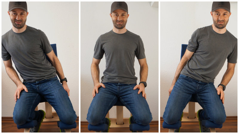 Person zeigt seitliche Beweglichkeit auf einem Kniestuhl/ Kniehocker in 3 Bildern