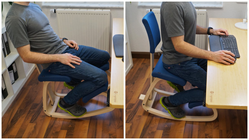 Person auf einem Kniehocker/ Kniestuhl – links entspannt nach hinten gelehnt, rechts in aufrechter Sitzposition am Schreibtisch