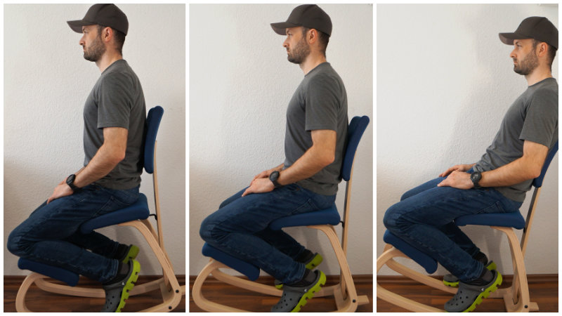 Person zeigt Wippbewegungen auf einem Kniestuhl/ Kniehocker in 3 Bildern