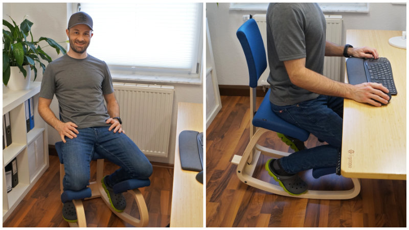 Person sitzt auf einem Kniehocker/ Kniestuhl – linkes Bild entspannt nach hinten gelehnt, rechtes Bild aufrechte Haltung am Schreibtisch
