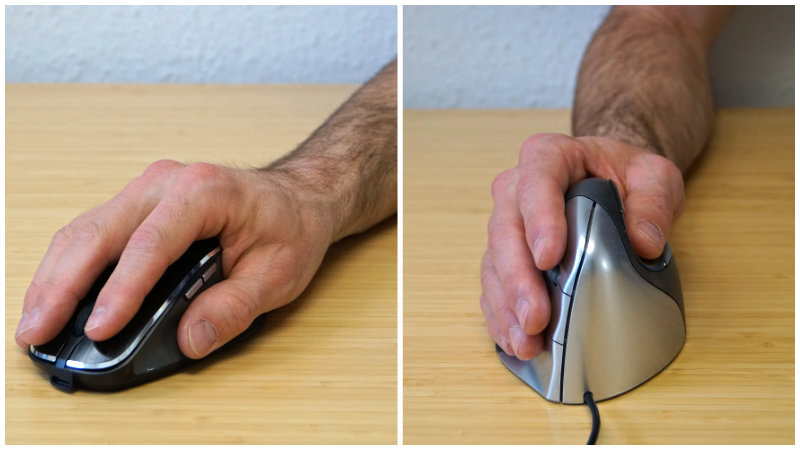 Maus – Zwei Bilder zeigen anhand einer horizontalen und ergonomischen Maus die Unterarm-Pronation