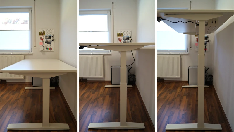 3 Bilder, von min. bis max. Tischhöhe – FlexiSpot E7 Flow