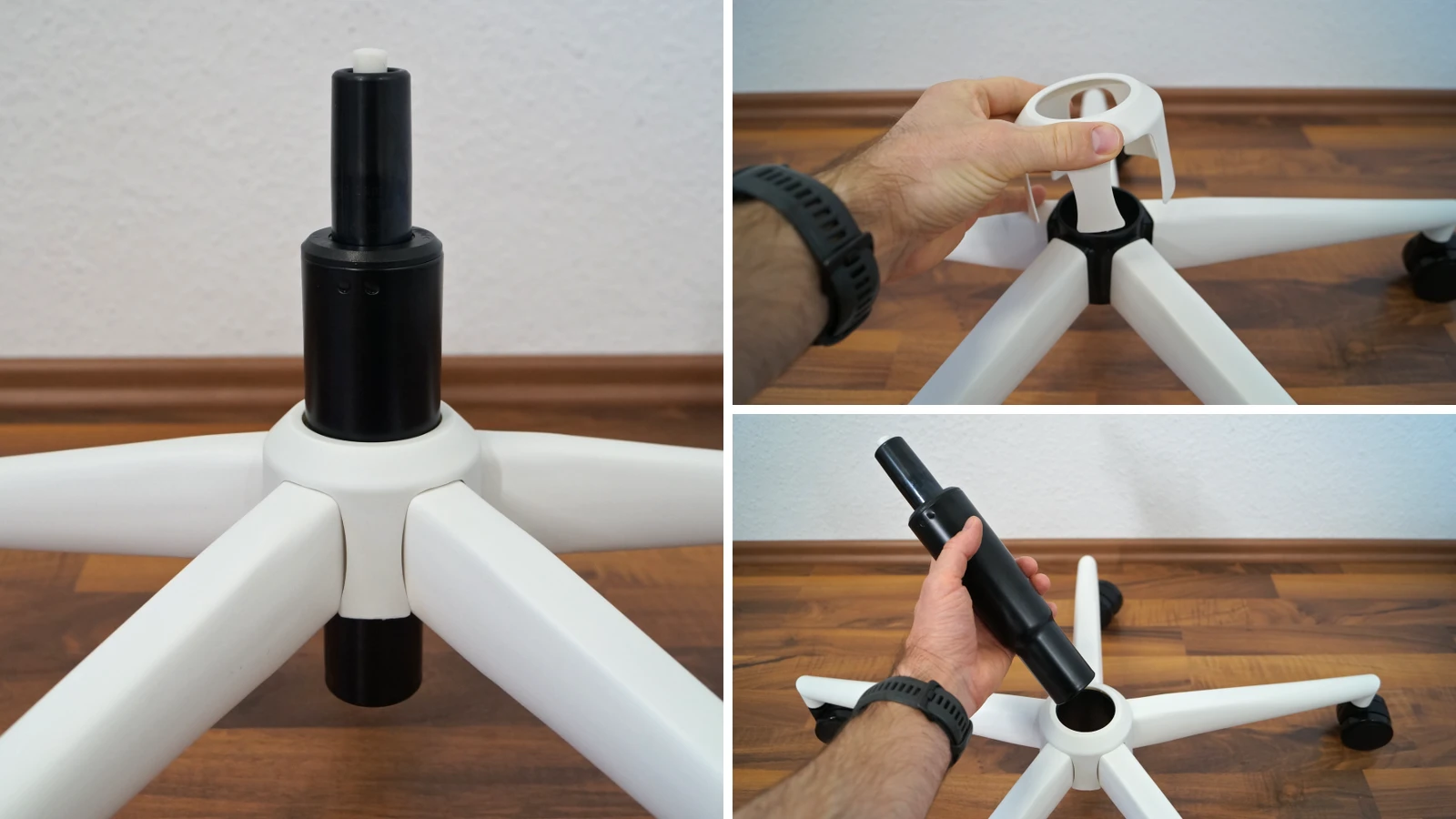3 Bilder zeigen das Aufstecken der Gasdruckfeder auf das Fußkreuz – Sihoo B300 Pro