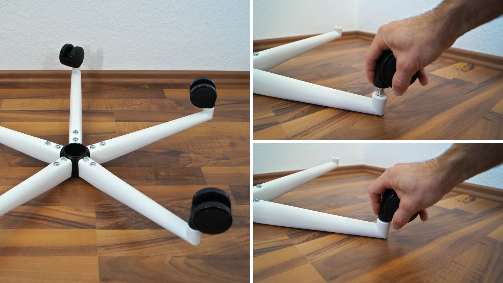 Aufstecken der Rollen auf das Fußkreuz – Sihoo B300 Pro