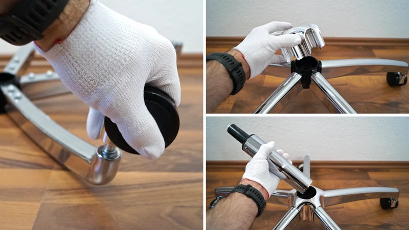 3 Bilder zeigen die Montage von Rollen und Gasdruckfeder am Fußkreuz