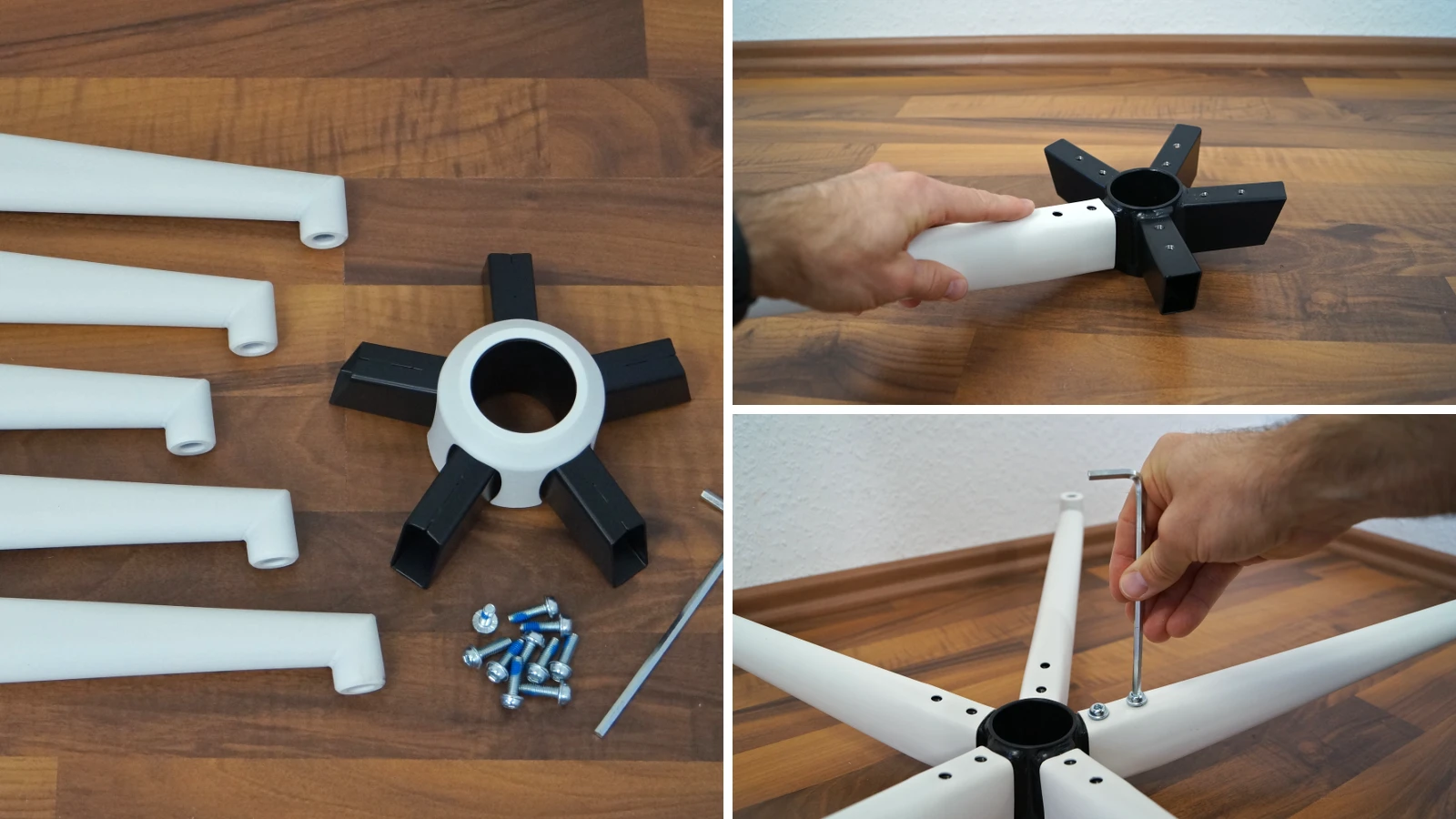3 Bilder zeigen die Montage der Fußkreuzstreben – Sihoo B300 Pro