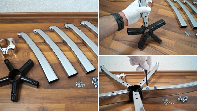 3 Bilder zeigen die Montage der Streben am Bürostuhl-Fußkreuz