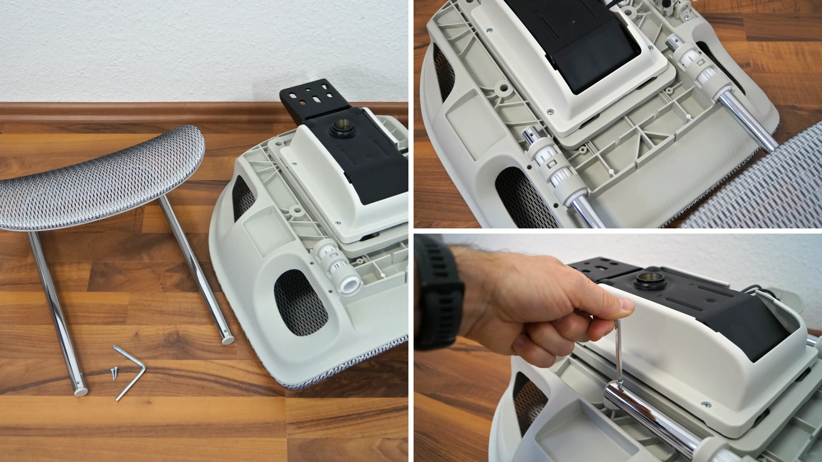 3 Bilder zeigen den Einbau der Fußstütze an der Sitzschale – Sihoo B300 Pro