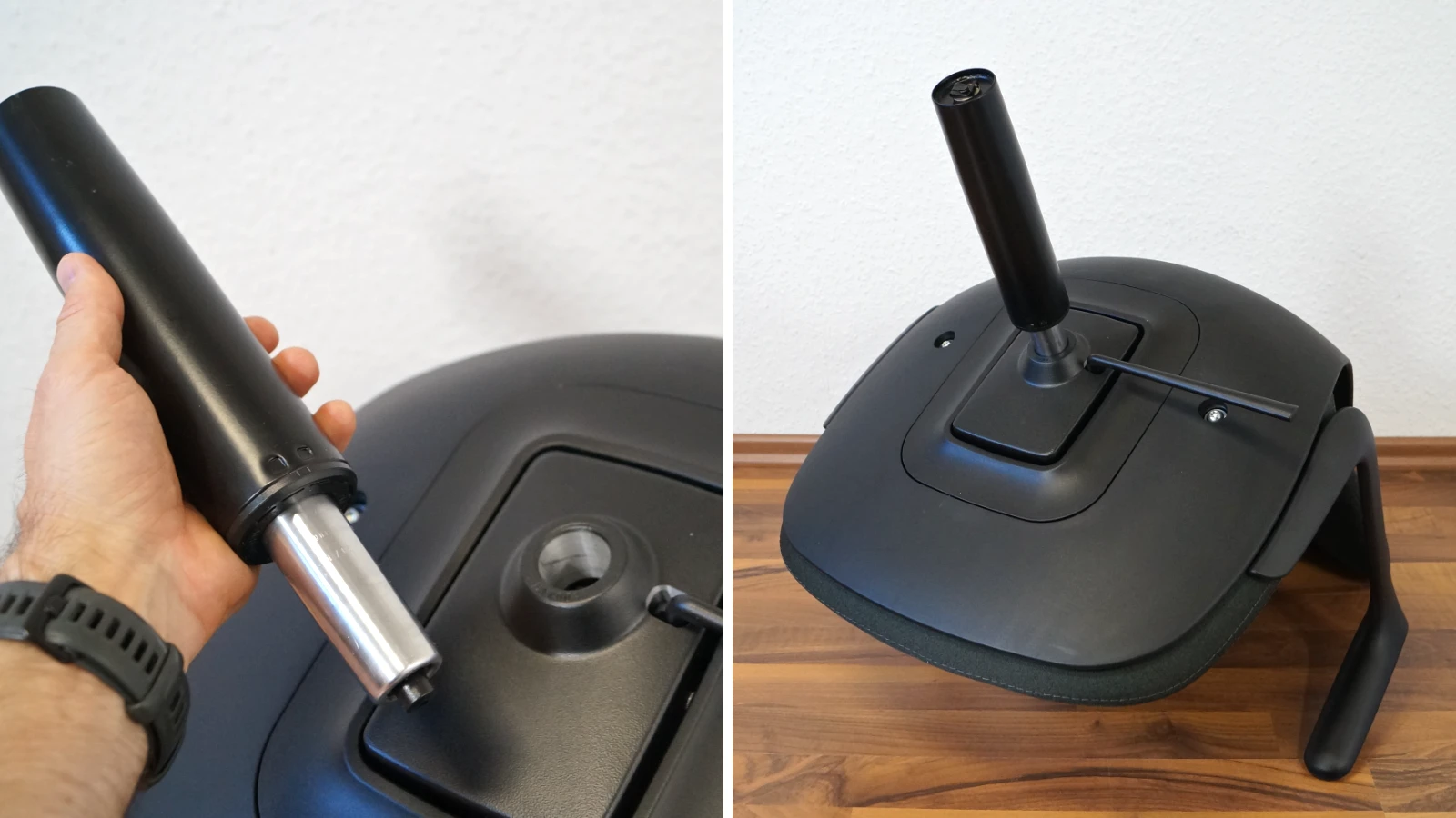 2 Bilder zeigen das Aufstecken der Gasfeder auf die Sitzschale