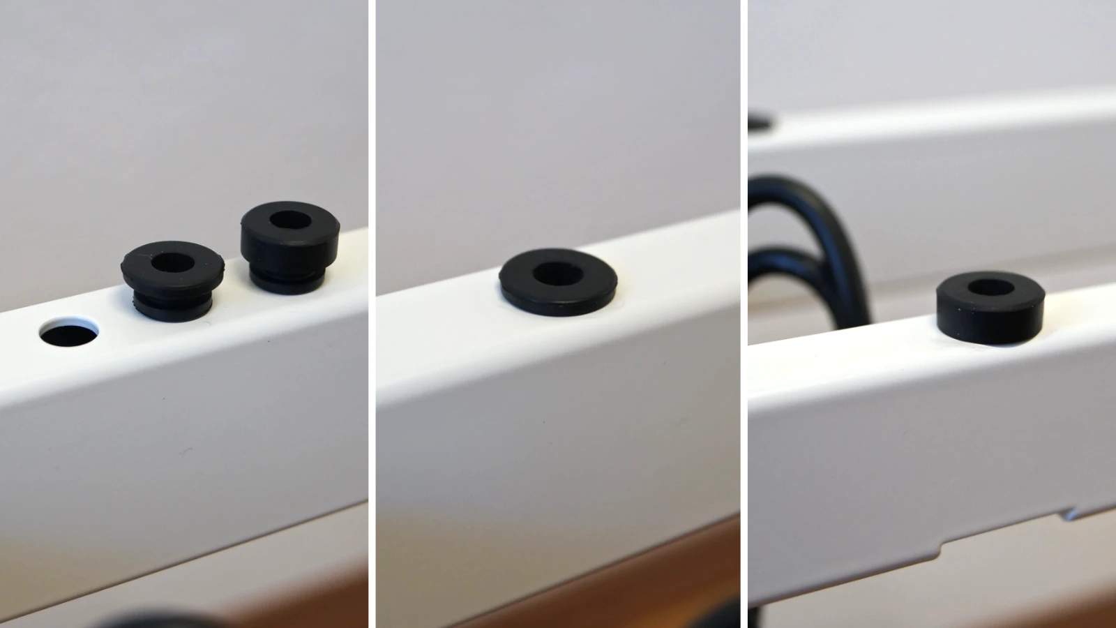 3 Bilder zeigen Gummidämpfer, die in die Löcher im Tischrahmen gesteckt werden