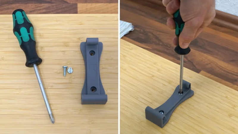 2 Bilder, Montage der Haken an der Tischplatte – Deskspace Wrap