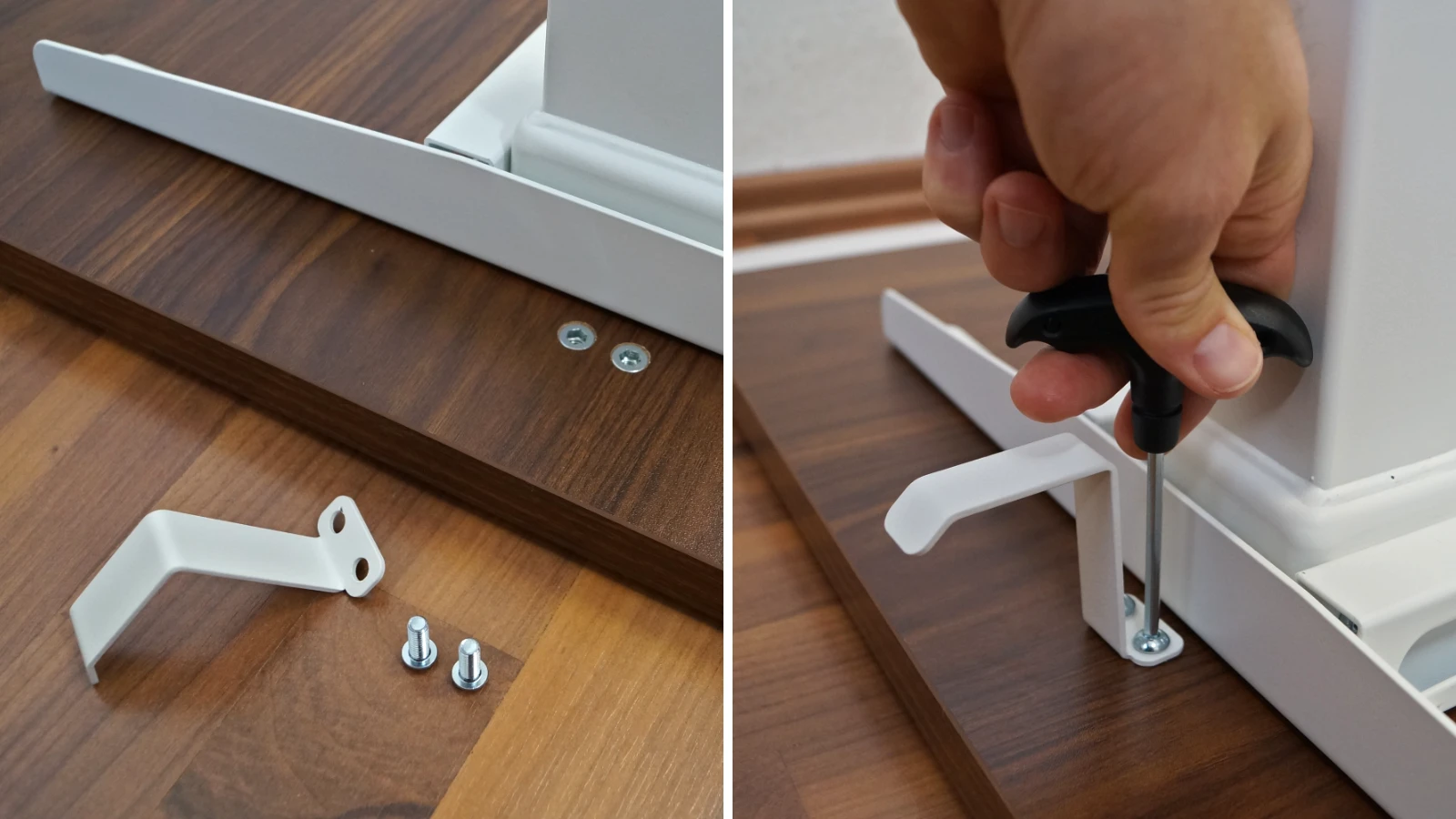2 Bilder zeigen die Befestigung des Headset-Hakens an der Tischplatte des CLOUVOU ProDesk